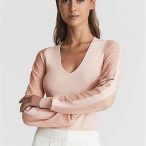 Reiss Blush V-Neck Blouse with Sheer Sleeves
